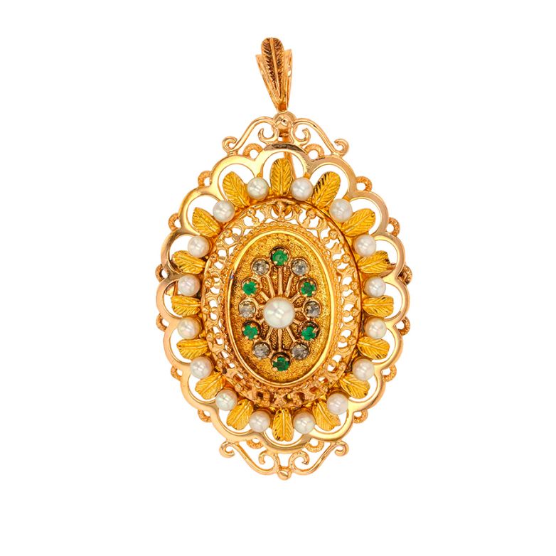 Broche vintage perles et émeraudes 0.12 carat or jaune 18.70g Comme neuf -  reconditionné disponible sur Gemme Les Bijoux